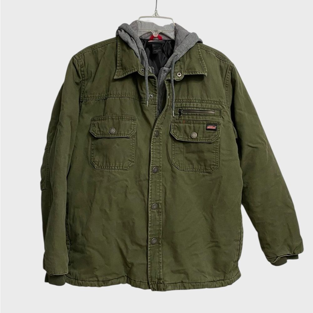 Dickies Men's Olive Green Work Jacket Size M Canvas Full Zip Snap Hooded Utility